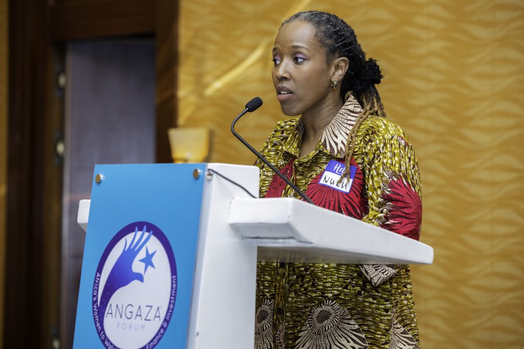 Nuru Mugambi, Angaza Forum Chairperson presents the goals of the Manifesto for African Women in the Financial Sector. 
