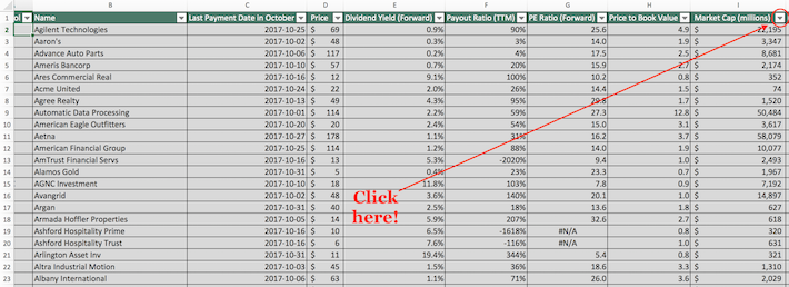 October Dividend Stocks Excel Tutorial 1