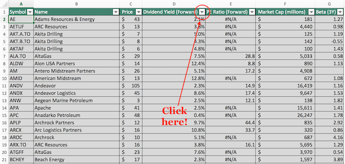 Energy Dividend Stocks Excel Tutorial 1